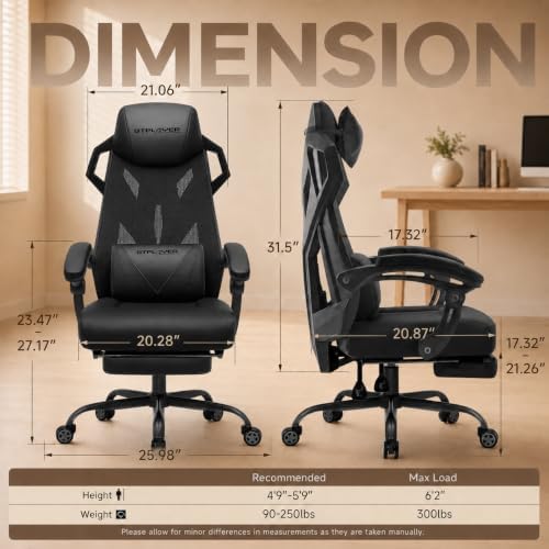 GTPLAYER Gaming Chair, Computer Chair with Mesh Back, Ergonomic Gaming Chair with Footrest, Reclining Gamer Chair with Adjustable Headrest and Lumbar Support for Gaming and Office (Black)