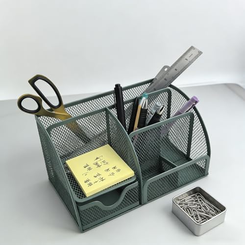 Fengtaiyuan T20, Forest Green Metal Mesh Desk Organizer with Drawer, 8.66x5.12x5.51 inch Multi-functional Desktop Storage Caddy for Office, School, Art Supplies (T20)