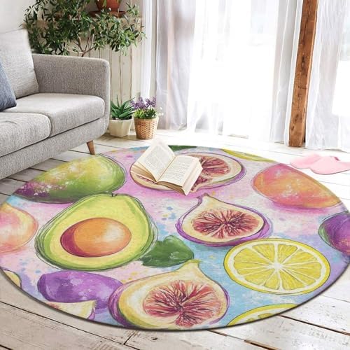 Machine Washable Modern Round Area Rug, Room Sofa Yoga Soft Round Carpet, Home Decor Non Slip Kitchen Office Circle Rug Different Fruits Summer Ornament Art, 60inch