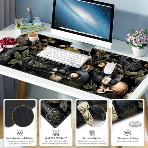 Large Mouse Pad with Wrist Support 4 in1 Set, XXL Big Game Mousepad + Keyboard Wrist Rest+Mouse Wrist Rest+Coaster Gaming Mat for Home Office Computer I Black Academia Mystical Green Plant