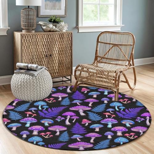 Large Home Decor Mat, Soft Round Yoga Carpet, Non Slip Machine Washable Kitchen Office Circle Rug Trippy Purple Blue Mushrooms, 36inch