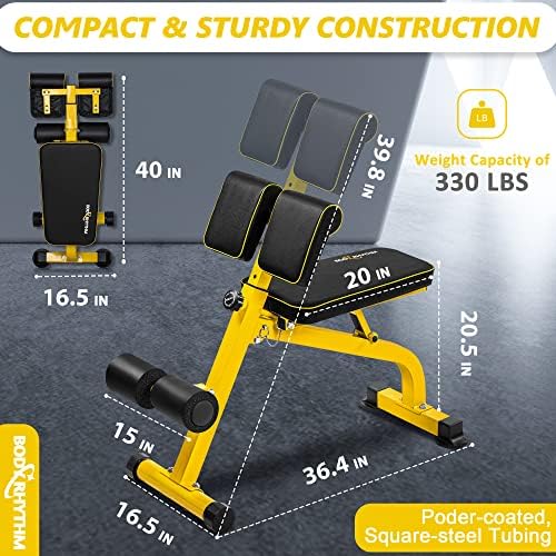 BODYRHYTHM Compact Adjustable Weight Bench for Full Body Strength Training, Ab/Back Hyper Roman Chair, Adjustable Ab Sit up Bench, Incline Decline Bench, Flat Bench, Hyperextension Bench, Back Extension Machine