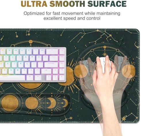 Large Desk Mat, Gaming Mouse Pad, Desk Pad Protector, XXL Mousepad + Keyboard Wrist Rest+Mouse Wrist Rest+Coaster Ergonomic Desk Pad for Home Office Decor, Dark Green Gold Moon Phases Constellation
