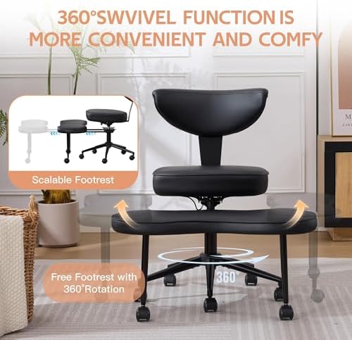 Ergonomic Cross Legged Chair, 360° Swivel Meditation Chair with Wheels - Adjustable Height for ADHD Desk & Yoga, Wide Criss Cross Chair for Home, Black