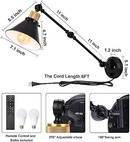 TRLIFE Dimmable Wall Sconce, Remote Control Plug in Wall Sconces Dimming 10%-100% and Adjustable Color Temperature 2700K-6000K, Swing Arm Wall Lights with Plug in Cord, UL Listed(2 Pack, 2 Bulbs)