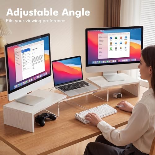 Dual Monitor Riser, Acrylic Monitor Riser with Keyboard Storage, Adjustable Angle & Length Computer Monitor Stand, Wide Desk Shelf for Top of Desk for Home Office_White Maple Look