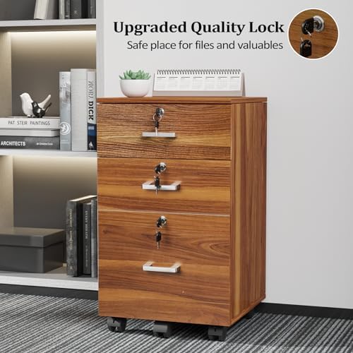 VINGLI 3-Drawer File Cabinet with Lock, Wood Rolling Filing Cabinets for Home Office, Mobile Printer Stand, Under Desk File Organizer for Letter Sized Files, 26" H(Caster Included), Walnut