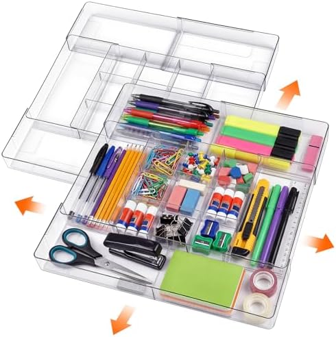 Briwooody 2 Pcs Expandable Drawer Organizer, Clear, 15 Compartments