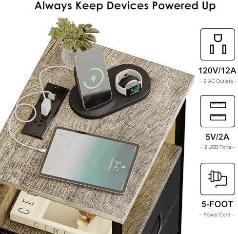 Fixwal Night Stand with 3 Fabric Drawers, Nightstand with Charging Station