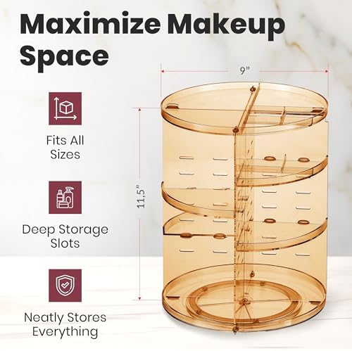 Masirs 360 Rotating Makeup Organizer Countertop, Adjustable Shelf, Brown