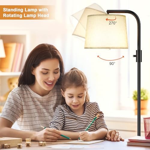 Ambimall Fully Dimmable Floor Lamp with 9W LED Bulb - Standing Lamp for Living Room with Adjustable Head, Modern Tall Light with Rotary Switch for Office, Black and Grey