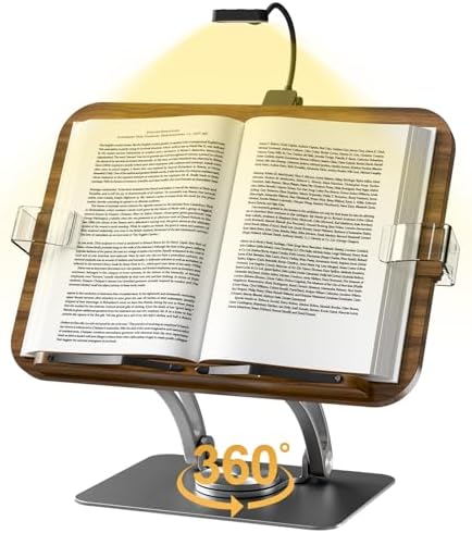 Book Stand for Reading,Adjustable Book Stand with Light,360° Rotating Metal Base,Foldable Cookbook Stand,Reading Hands Free with Page Clips for Recipe,Textbook,Cookbook（3CCT & CRI 90）