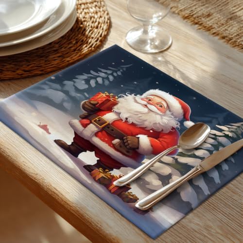 Shrahala Christmas New Year Set of 6 12 X 18 Inch Linen Placemats, Santa Claus Snow Presents Christmas Trees Burlap Table Mat Washable Double Layered Heat Insulation for Indoor