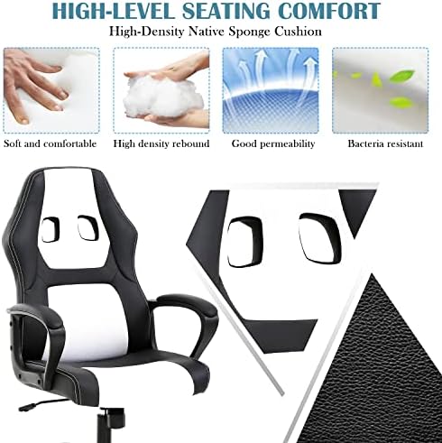Ergonomic White Gaming Chair - Kids & Adults - Adjustable High Back & Armrest, PU Leather, 360 Swivel