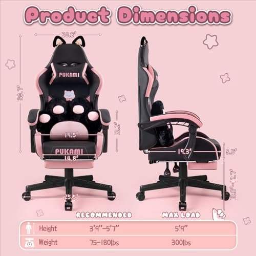 PUKAMI Pink Gaming Chair with Cute Cat Ears