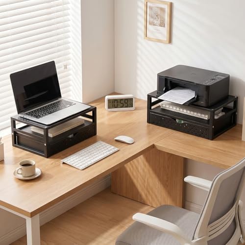 WALI Desk Organizer with Drawer，Computer Monitor Stand with Storage, Desk Organizers and Accessories for Computer, Printer, Laptop Riser for Home Office Supplies, (PTT005-B), 1 Pack, Black