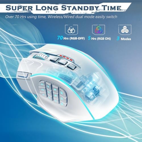 Redragon Wireless Gaming Mouse, MMO Gaming Mouse UP 16,000 DPI, 16 Macro Programmable Buttons, RGB Rechargeable Mouse with 12 Side Buttons, 70Hrs for PC Laptop MOBA FPS, White,M901P-WS