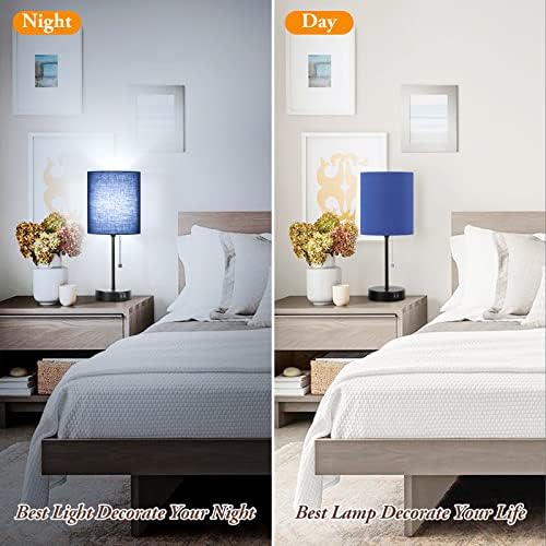 Bedside Table Lamps Set of 2 with USB Charging Ports and AC Outlet, Blue