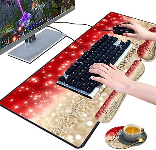 Large Gaming Mouse Pad, Keyboard Wrist Rest pad + Mouse Wrist pad + Coaster Set Extended Waterproof Non-Slip Table mat Suitable for Home Office Learning Games - Bible Verse Pink Philippians 4-13