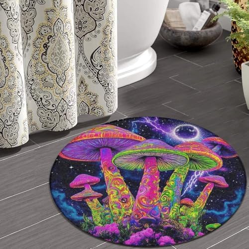Machine Washable Modern Round Area Rug, Room Sofa Yoga Soft Round Carpet, Home Decor Non Slip Kitchen Office Circle Rug Magic Mushrooms Trippy Galaxy Space Art, 36inch