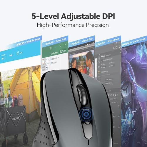 TECKNET Wireless Mouse, 2.4G Ergonomic Computer Mouse, 2600 DPI, Grey