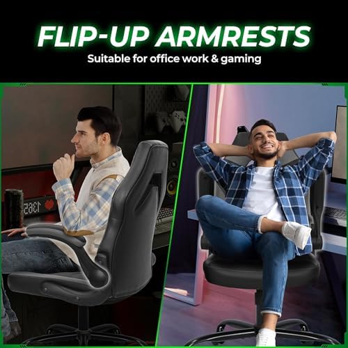 N-GEN GAMING Video Gaming Chair Ergonomic Office Desk Chair with Lumbar Support Adjustable Height Padded Flip Up Arms and Swivel Wheels Racing Style Design for Adults with PU Leather (Grey)