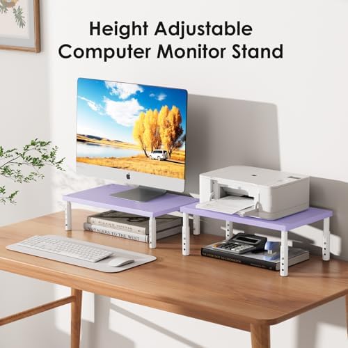 ECOLOVI Adjustable Wood Computer Monitor Stand Riser, Office Desk Organizer and Accessories for Monitor, Laptop, PC, Printer, Office Desk Accessories Workspace Organizer for Home Office Supplies, Purple
