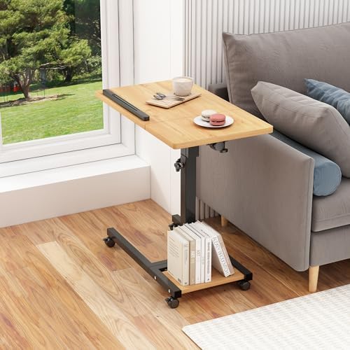 TigerDad Mobile Adjustable Height Laptop Stand PC Computer Portable Notebook Swivel Laptop Desk Rolling Table Desk Cart Tiltable with Wheels Casters& Mouse Pad Table (Wood)