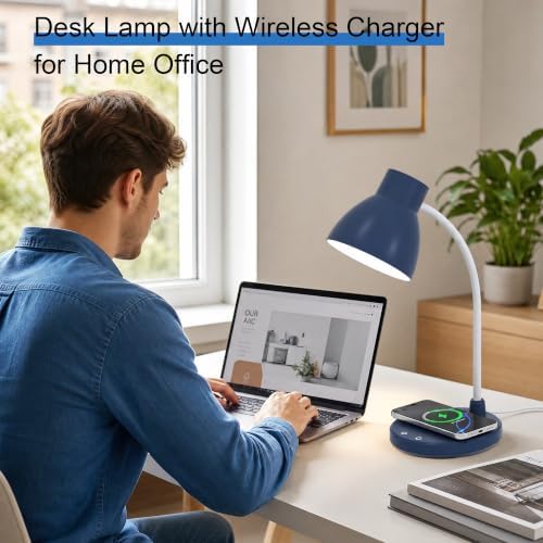 LED Desk Lamp for Home Office with Wireless Charger, Navy Blue