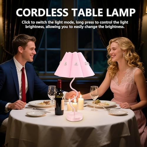 Cordless Rechargeable LED Table Lamp, Portable Desk lamp Battery, 3 Color Stepless Dimming with Memory Function, Suitable for Outdoor, Dinner, Patio & Restaurant. (Pink with Diamonds)