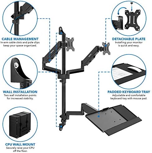 Mount-It! Dual Monitor Arm Wall Mount Workstation with Keyboard Tray & CPU Holder, Height Adjustable Gas Spring Full Motion Computer Station, Fits 17–32” VESA 75x75 100x100, Black
