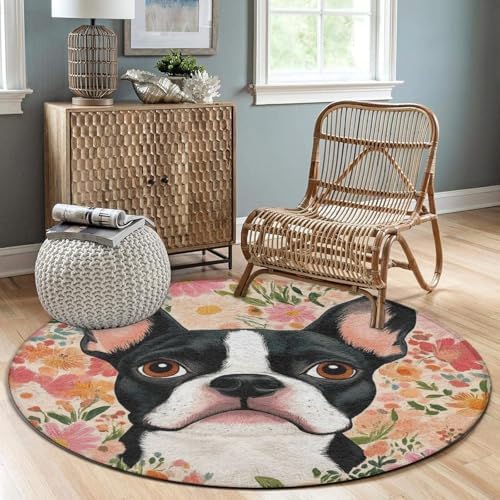 Room Sofa Yoga Soft Round Carpet, Home Decor Non Slip Kitchen Office Circle Rug, Machine Washable Modern Round Area Rug Boston Terrier Floral, 36inch