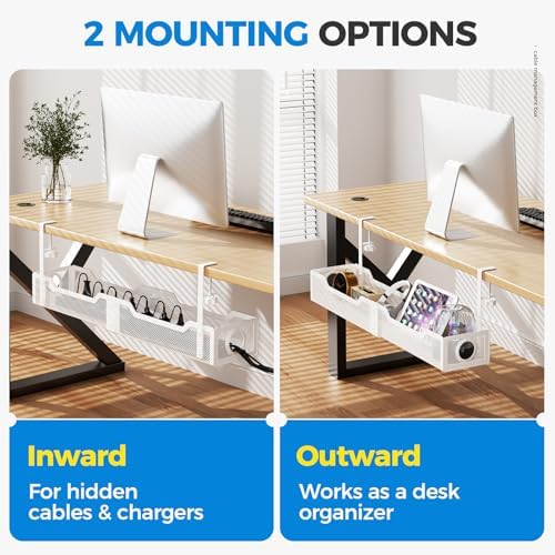 [Upgraded] 25" Extra Large Under Desk Cable Management, Cinati Wire Organizers No Drill, Cable Tray with Clamp for Wire Management, Cord Organization Box for Office, Home - No Damage to Desk(White)