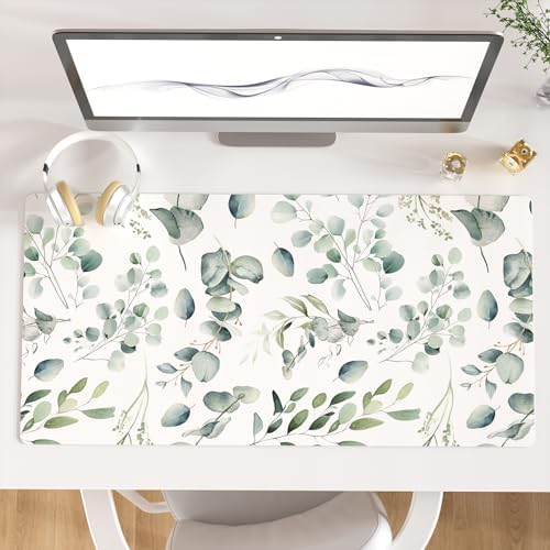Leather Large Mouse Pad, Office Desk Mat, 31.5"x15.7", Eucalyptus Leaves