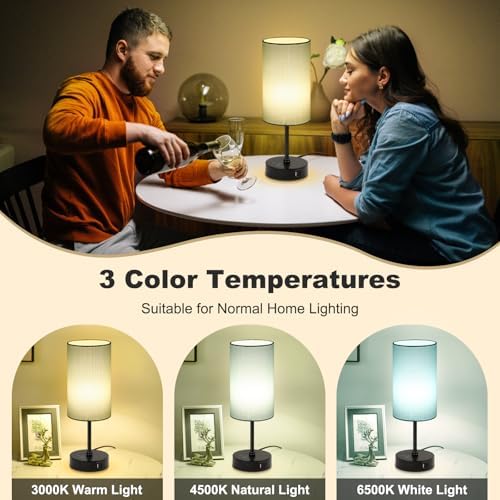 Unicozin Table Lamp for Bedroom, 3 Color Temperatures, 7 RGB Colors, Adjustable Brightness, Dual USB Charging Ports, Ambience Nightstand Light with Blue Shade, Desk Lamp for Kids Reading Home Office
