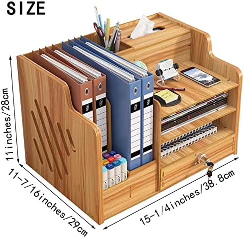 Bamboo Desk Organizer, Desktop Wood Bookshelf File Organizer, Pen Holder and Tissue Holder, 1 Drawer with lock for Office, Home, Need to Install(Cherry Wood)