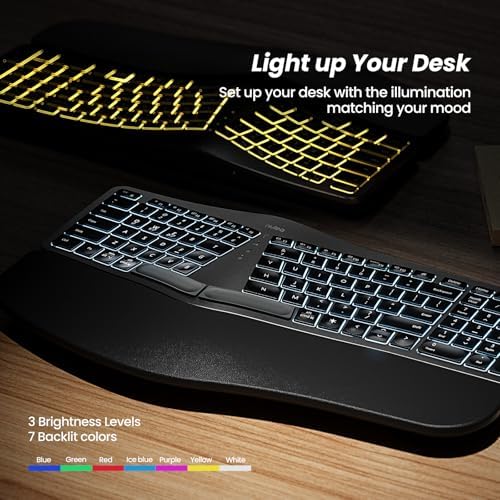 Nulea RT05 Wireless Ergonomic Keyboard, Split Keyboard with Wrist Rest, USB-C Charging, 7-Color Backlight, Natural Typing, Bluetooth and USB Connectivity, Compatible with Windows,Mac