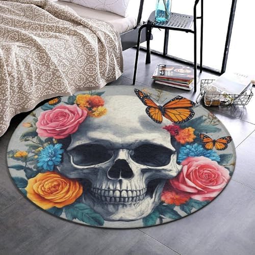 Large Machine Washable Circular Rugs, Home Decor Round Mat for Living Room Sofa Office Flower Sugar Skull