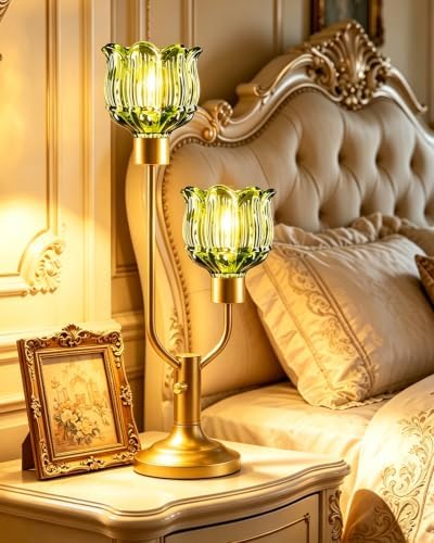 Lightdot Flower Table Lamp for Bedroom Vintage Green Glass Lamp Dimmable