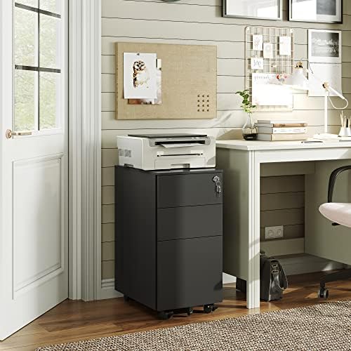 DEVAISE Slim File Cabinet, 3 Drawer Mobile Filing Cabinet for Letter/Legal/A4 Files, Fully Assembled Except Wheels, Black