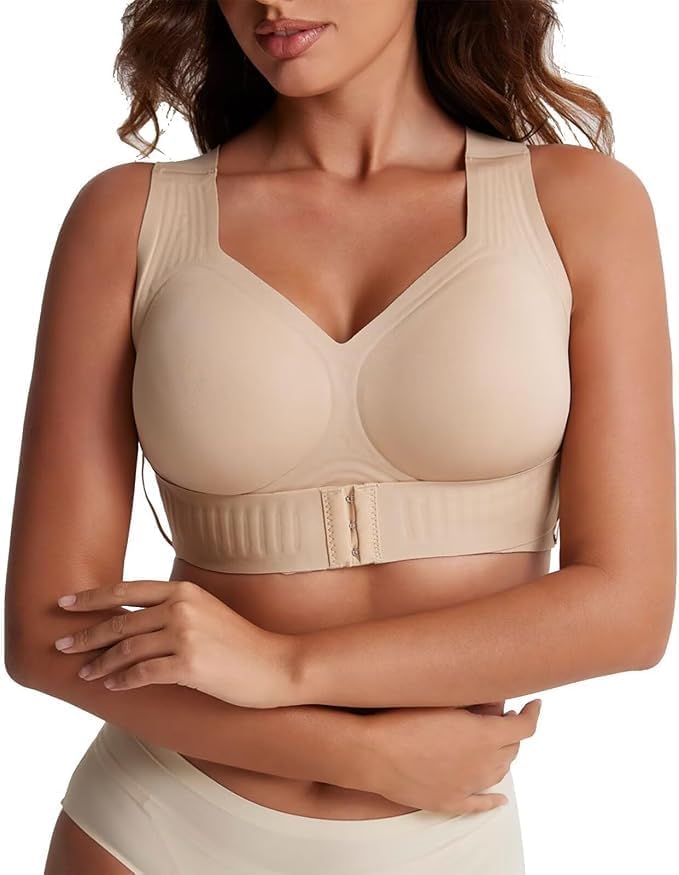Women Posture Corrector Bra, Front Closure Cross Back Wireless Wide Strap Full Coverage Comfort Support Bralette