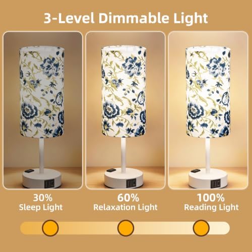 Table Lamp, Dimmable Touch, AC Outlet, USB A+C (Printed&White)