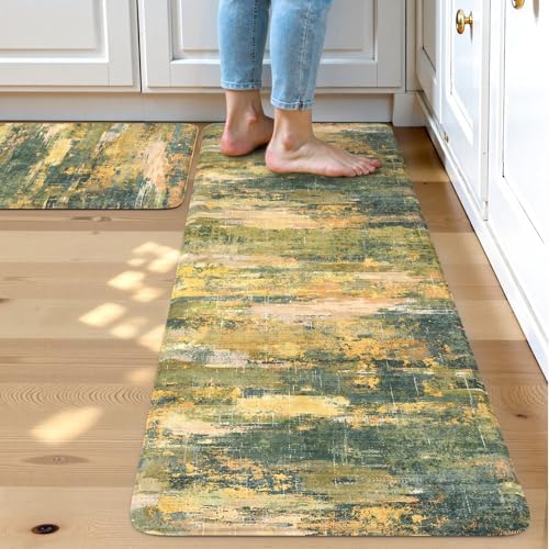 Collive Kitchen Rugs Sets of 2 Green/Yellow Kitchen Mats for Floor Washable