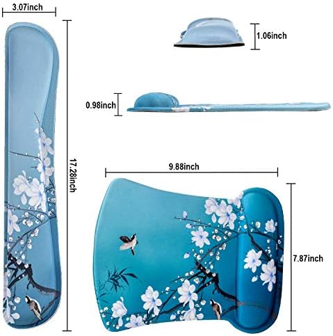 Ergonomic Memory Foam Keyboard Mouse Pad Set with Rest Wrist Cushion Support for Laptop/Notebook/Desktop/Computer/Gaming/Home/Office/Desk, Comfortable & Lightweight (Birds & White Flowers)