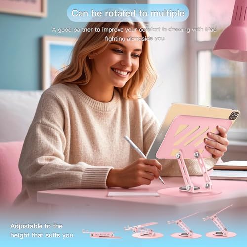 360° Rotating Tablet Stand - Pink |Adjustable Dual Rotary Shaft,Folding Design | Fits iPads & Tablets Up to 13" | Ideal for Work,Painting,Office,Travel,Home