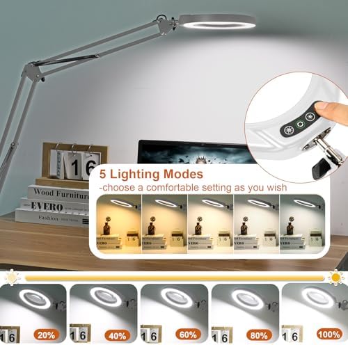 VEEMAGNI 5 Inch Large Real Glass Magnifying Glass with Light and Stand, 5 Color Modes Stepless Dimmable, 2*16 Inch Swivel Arm LED Clamp Desk Lamp, Hands Free 15X Lighted Magnifier for Crafting-White