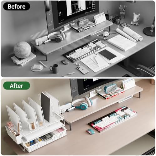 LEKETREE Desk Organizer, Office Organization with Vertical File Holder, File Organizer with Drawer and Pen Holder, Desk Accessories and Workspace Organizers for Home Office (White)