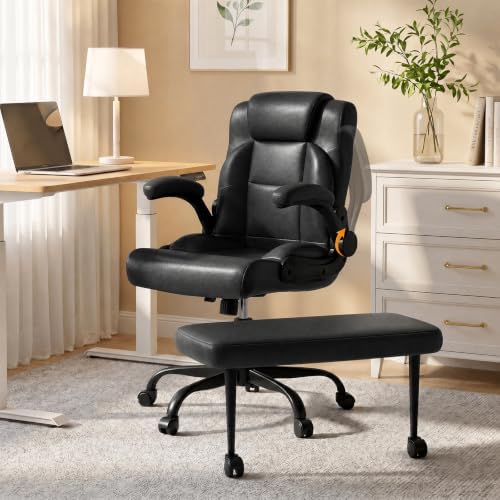 Wide Cross Legged Office Chair with Swivel Footrest and Flip-Up Armrests