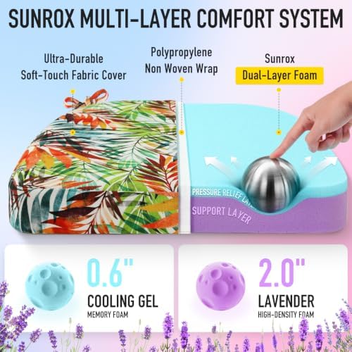 SUNROX Cooling Gel Memory Foam Chair Cushions, 2.6" Thick U-Shaped Dual-Layer Comfort Dining Chair Pads, Non Slip Seat Cushion with Ties for Indoor Kitchen Office 17"x16" Set of 4, Bamboo Palm