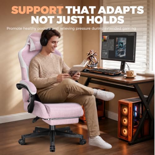 GTPLAYER Gaming Chair with Footrest, Ergonomic Office Chair 400lbs Heavy Duty, Big and Tall Computer Desk Chair with Lumbar Support and Headrest, Breathable Linen Fabric, 90-155° Recline Pink